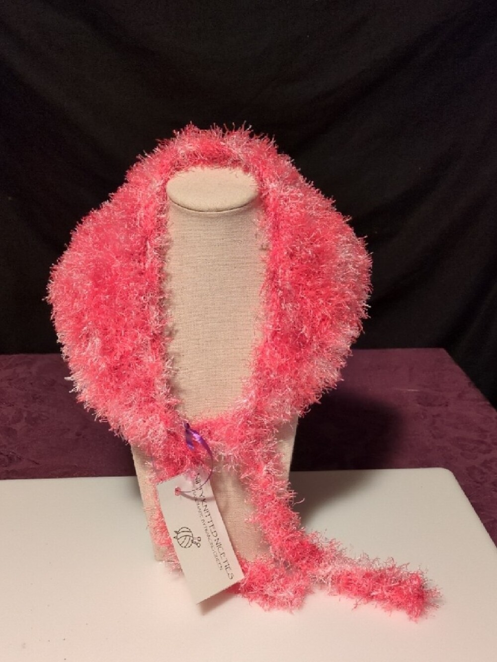 Handmade Fuzzy Fringe Knitted Neck Head Triangle Scarf Bandana Belt Pink Mix